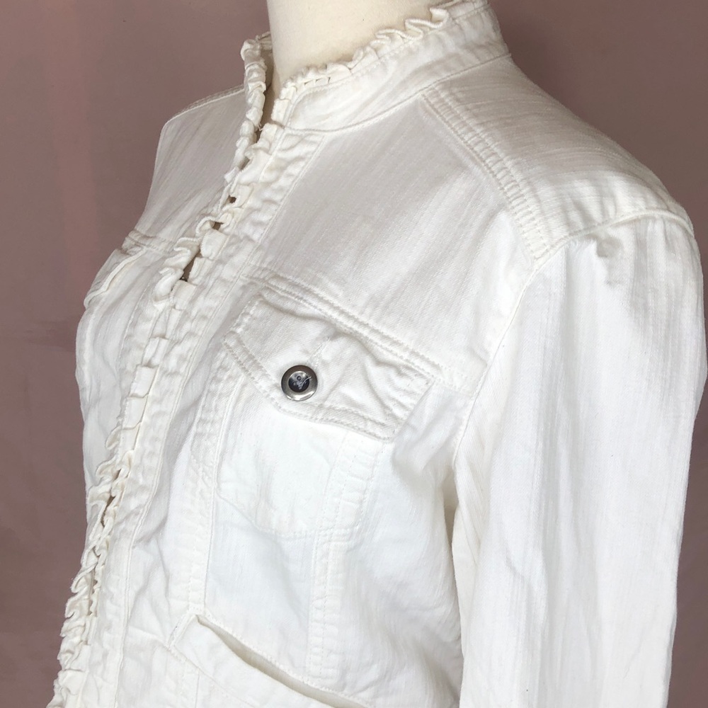 Cotton Women's Ruffle-Trim White Jean Jacket Size Large Spring Summer - Picture 5 of 14